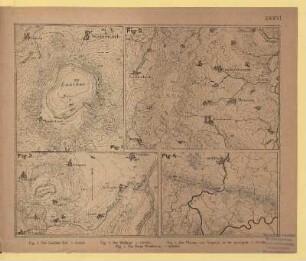 XXXVI. Fig. 1. Der Laacher See. 1 : 50 000. Fig. 2. Der Meißner. 1 : 100 000. Fig. 3. Das Plateau von Gergovia in der Auvergne. 1 : 80 000. Fig. 4. Die Porta Westfalica. 1 : 200 000