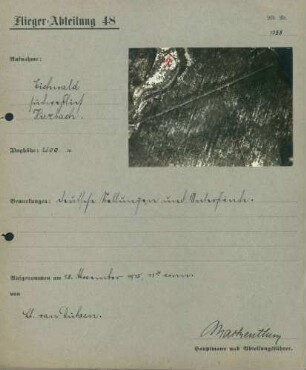Foto deutscher Stellungen und Unterstände im Eichwald südwestlich von Hirtzbach (Luftbild)