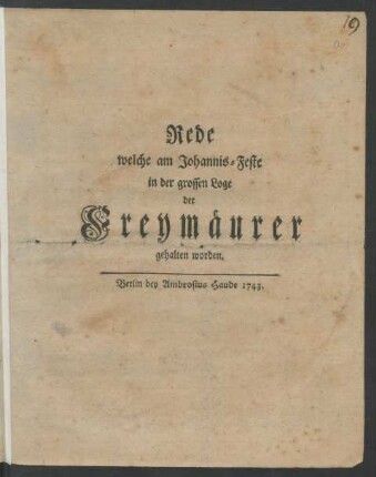 Rede welche am Johannis-Feste in der grossen Loge der Freymäurer gehalten worden