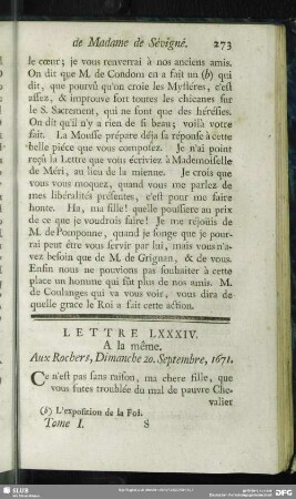 Lettre LXXXIV. A la même. Aux Rochers, Dimanche 20. Septembre, 1671