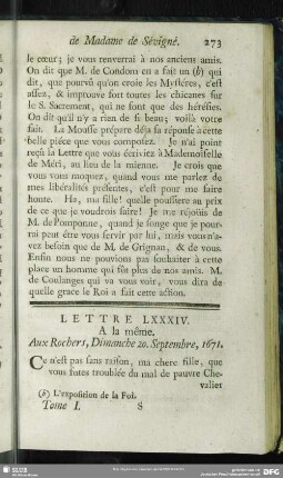Lettre LXXXIV. A la même. Aux Rochers, Dimanche 20. Septembre, 1671