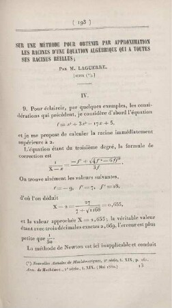 Sur une méthode pour obtenir par approximation les racines d'une équation algébrique qui a toutes ses racines réelles. [Fortsetzung]
