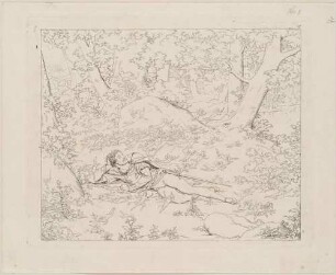 Zu Goethes "Faust II", Blatt 1: Anmutige Gegend (Der träumende Faust im Wald von Genien umgeben)