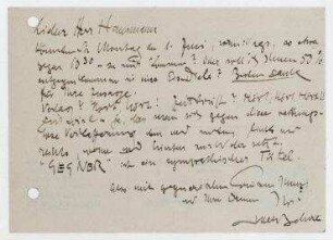 Postkarte von Adolf Behne an Raoul Hausmann. [Poststempel: Berlin]. Briefkopf: Dr. Adolf Behne Charlottenburg I Grünstr. 16 Aufgang II Wilhelm 47 Redaktion des „Studio" für Deutschland