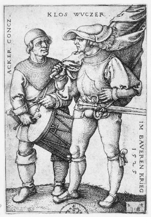 Fähnrich und Trommler : Beham, Sebald: Fähnrich, Pfeifer und Trommler der Bauern im Bauernkrieg. Kupferstich; 7,1 x 4,9 cm. Dresden: Kupferstich-Kabinett B 199; Pauly 202/I