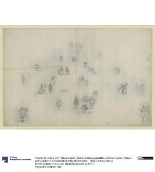 Studie höfisch gekleideter einzelner Figuren, Paaren und Gruppen in einem zentralperspektivisch dargestellten Raum