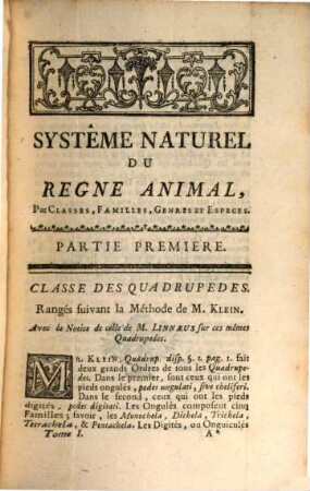 Système Naturel Du Regne Animal, Par Classes, Familles Ou Ordres, Genres Et Especes : Avec Une Notice De Tous Les Animaux ..., 1. Contenant les Classes des Quadrupedes, Oiseaux, Amphibies ...