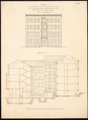 Wohnhaus Steinmetz Roessel I, Berlin-Kreuzberg: Ansicht von der Belle-Alliance-Straße und Schnitt