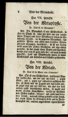 Der VIII. Artickel. Von der Morale.