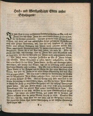 Hoch- und Werthgeschätzte Eltern unsrer Schuljugend!