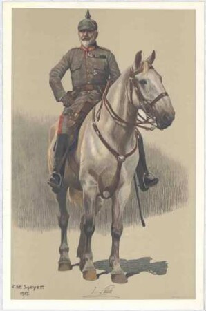 König Wilhelm II. von Württemberg in Felduniform mit Orden, Helm, zu Pferd