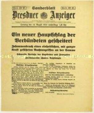 Nachrichtenblatt des "Dresdner Anzeiger" u.a. zur Schlacht an der Somme