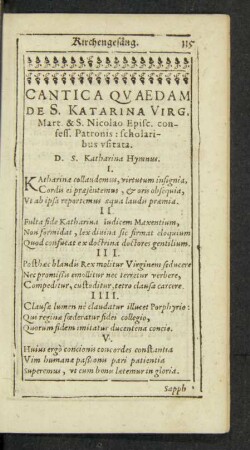 Cantica Quaedam De S. Katarina Virg. Mart. & S. Nicolao Episc. confess. Patronis: scholaribus usitata.