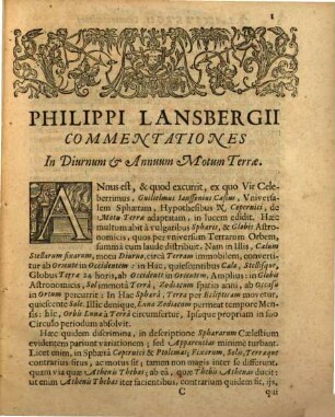 Philippi Lansbergii Commentationes In Motvm Terrae Diurnum, & Annuum; Et In Vervm Adspectabilis Caeli Typvm