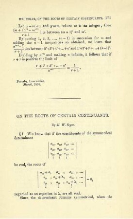 ON THE ROOTS OF CERTAIN CONTINUANTS.