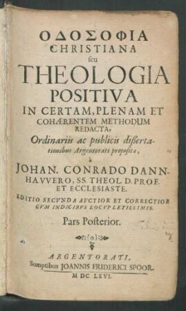 2: Hodosophia Christiana seu Theologia Positiva