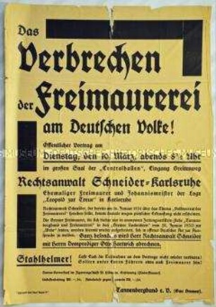Veranstaltungsplakat des Tannenbergbundes e. V., Gau Bremen, zu einem öffentlichen Vortrag über die Verbrechen der Freimaurer