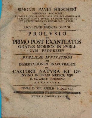 Prolusio de primo post exantlatos graves morbos in publicum progressu