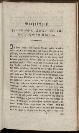 Verzeichniß Hydrostatischer, Hydraulischer und Hydrotechnischer Schriften.