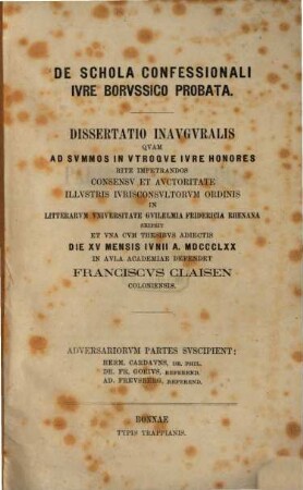 De schola confessionali jure Borussico probata : Diss. inaug.