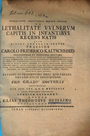Dissertatio Inavgvralis Medico-Legalis De Lethalitate Vvlnervm Capitis In Infantibvs Recens Natis