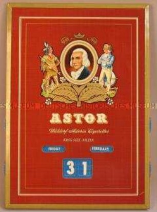 Immerwährender Kalender mit Werbeaufdruck für "Astor"-Zigaretten