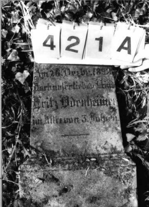 Grabstein 421 (Index: 99792027) Material: Sandstein Zustand: gut, Obelisk liegend Maße HxBxT: 88x39x22 cm Beschreibung: Obelisk, getreppter Sockel, unterer Sockelteil rustica Besonderheit: Kindergrab: Grabstein 421A