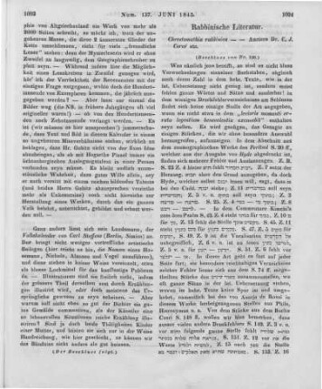 Corvé, C. J. [i.e. Biesenthal, J. H. R.]: Chrestomathia rabbinica sive libri quatuor, complectentes analecta e rerum scriptoribus, cosmographis, grammaticis, exegetis, philosophis, cabbalistis et poetis. P. 1. Partim e codicibus sumta, cum versione Latina et vitis scriptorum. Berolini: Bethge 1844 (Beschluss von Nr. 136)