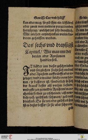 Das sechs und dreyssigst Capittel Wie man mit der beulen oder Apostemen handlen soll