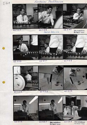 Portraitserie Karlheinz Stockhausen : Stockhausen, Karlheinz (1928.08.22 Mödrath/Kerpen - 2007.12.05 Kürten-Kettenberg), Komponist. Aufnahmen im Studio für elektronische Musik des Westdeutschen Rundfunks Köln (WDR) mit Studioleiter und Komponisten David Johnson (1940-1921)