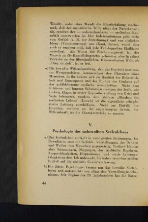 V. Psychologie des unbewußten Seelenlebens