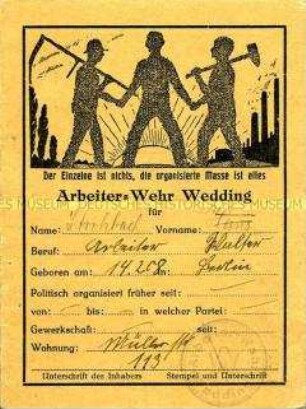 Mitgliedsausweis der Arbeiter-Wehr Berlin-Wedding