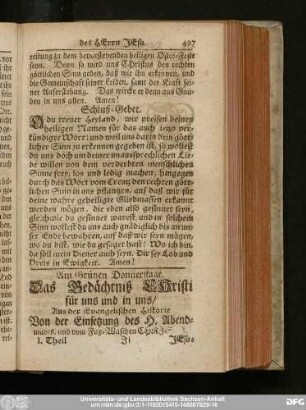 Am Grünen Donnerstage. Das Gedächtniß Christi für uns und in uns, Aus der Evangelischen Historie Von der Einsetzung des H. Abendmahls, und vom Fuß-Waschen Christi.