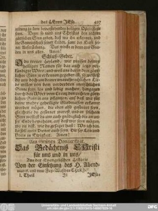 Am Grünen Donnerstage. Das Gedächtniß Christi für uns und in uns, Aus der Evangelischen Historie Von der Einsetzung des H. Abendmahls, und vom Fuß-Waschen Christi.