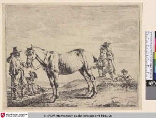 [Ein Mann hält ein Pferd an den Zügeln; Man Holding a Horse by the Bridle; Un paysan tient un cheval par la bride]