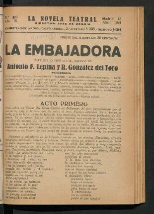 La embajadora : zarzuela en tres actos