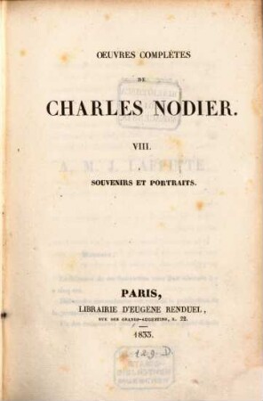 Oeuvres (complètes), 8. Souvenirs et portraits. - 1833. - 369 S.