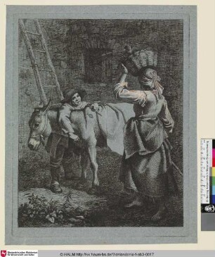 [Die Bäuerin mit dem Korbe auf dem Kopfe und ein Bauer mit dem Esel]
