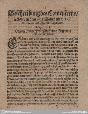 Caput I. Von der Natur / Eigenschafft und Ursprung der Cometen in gemein.