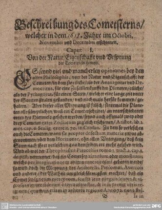 Caput I. Von der Natur / Eigenschafft und Ursprung der Cometen in gemein.