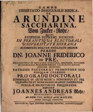 Diss. inaug. med. de arundine saccarina, Vom Zucker-Rohr