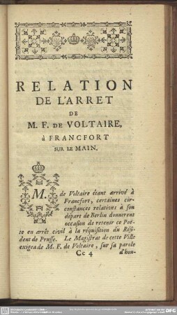 Relation De L'arret De M. F. De Voltaire, à Francfort Sur Le Main