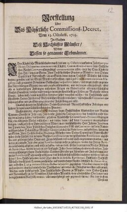 Vorstellung Uber Das Käyserliche Commissions-Decret, Vom 13. Octobris, 1705. In Sachen Deß Hochstiffts Münster, Wider Dessen so genannte Erbmänner