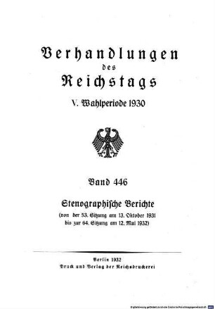 Verhandlungen des Reichstages. Stenographische Berichte. 446. 1930