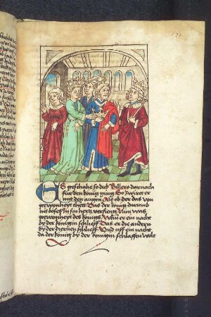 König Sedras schickt den Fürsten Billero mit Krone und Purpurmantel ins Gemach seiner Frauen; (Kapitel X: Von König Sedras).