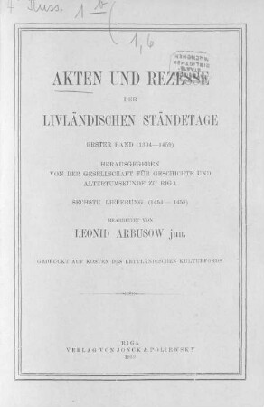 Akten und Recesse der livländischen Ständetage, 1. Band. (1454-1458)