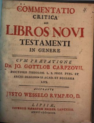 Commentatio Critica Ad Libros Novi Testamenti In Genere