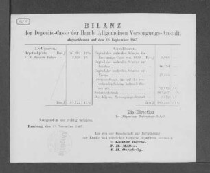 1867: Bilanz der Deposito-Casse der Hamburgischen Allgemeinen Versorgungs-Anstalt