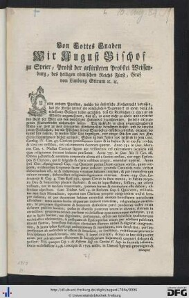 Von Gottes Gnaden Wir August, Bischof zu Speyer, Probst der gefürsteten Probstei Weissenburg ...