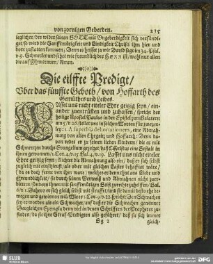 Die eilffte Predigt, Uber das fünffte Geboth, von Hoffarth des Gemüthes und Leibes